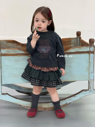 小树家 peach毛桃2026秋款女宝卡通小熊卫衣套头上衣格子蛋糕裙套
