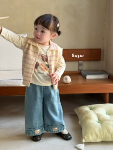 小树家 sugar苏格2026秋款女宝卡通小熊针织马甲牛仔裤套装
