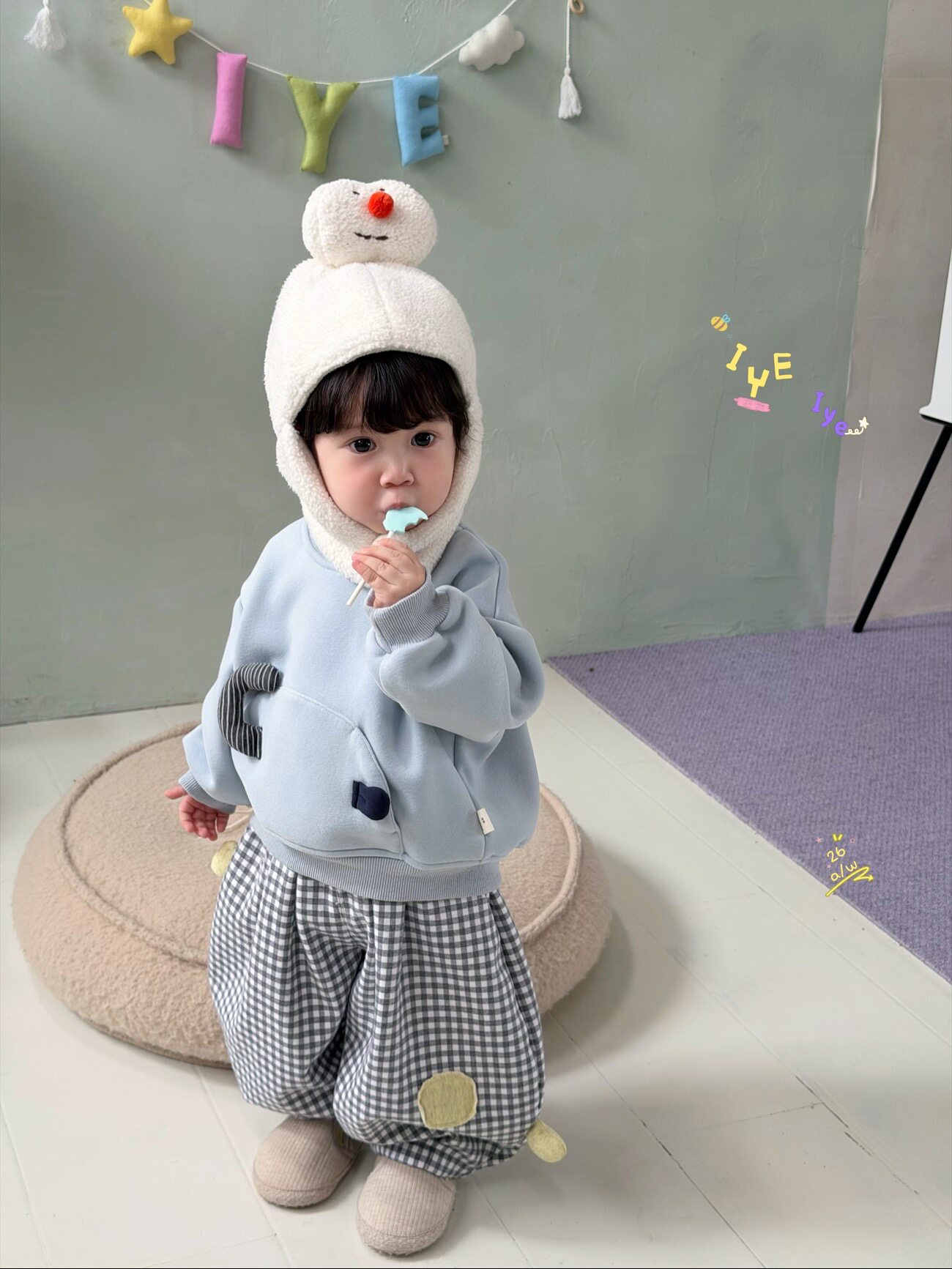 小树家 iye艾野26秋冬款韩系婴童加绒圆领卫衣加绒格子灯笼裤套装