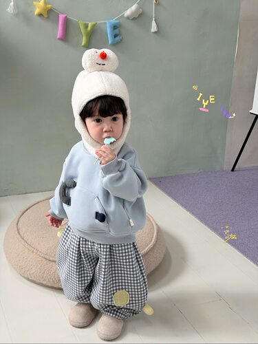 小树家 iye艾野26秋冬款韩系婴童加绒圆领卫衣加绒格子灯笼裤套装