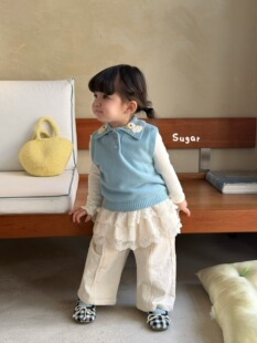 小树家 sugar苏格2026秋款女宝可爱小鸭子针织马甲打底衫花边裤套