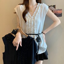 大码女装复古高级感V领带腰吊带背心女胖MM遮肉显瘦无袖衬衫上衣