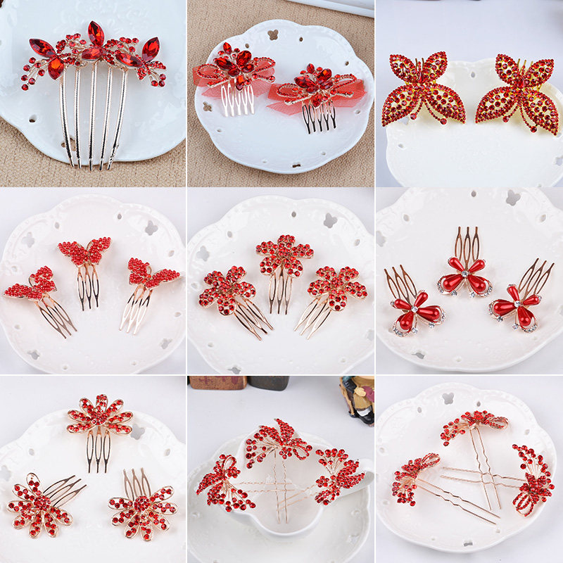 新娘蝴蝶发簪结婚盘发造型配饰花朵水钻红色头饰手工插梳边夹发饰在类目 饰品/流行首饰/时尚饰品新, 发饰中 - 来自Buy2taobao.com提供专业的淘宝代购服务