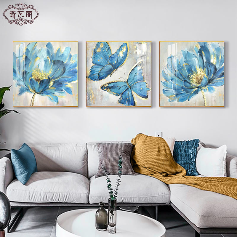 蓝色蝴蝶装饰画客厅挂画沙发背景墙壁画油画餐厅吃饭厅卧室三联画图片