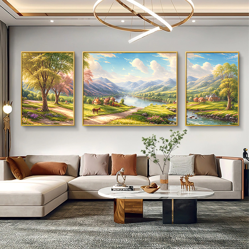 绿水青山客厅装饰画2025新款沙发背景墙挂画山水风景手绘油画三联图片