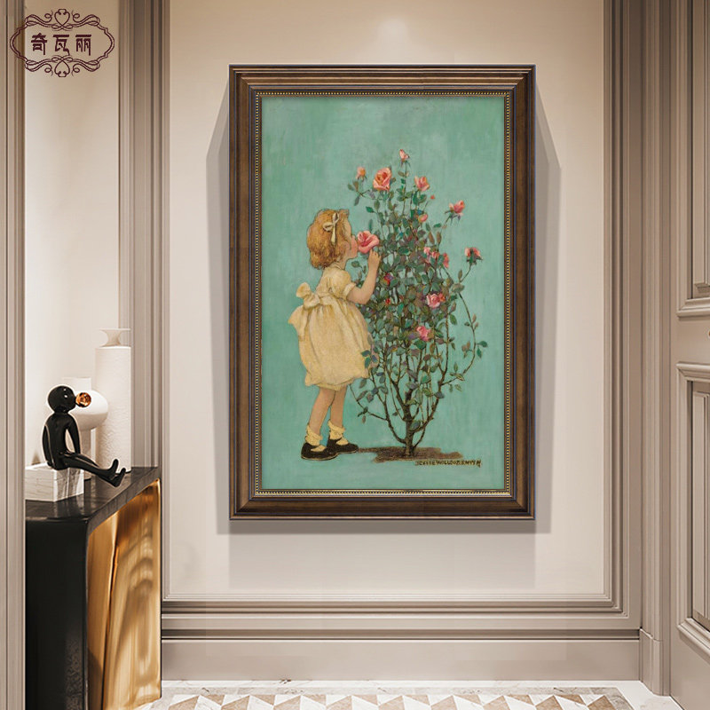 玫瑰花女孩法式人物复古挂画小众艺术油画古典美式玄关装饰画卧室