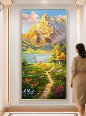 玄关画2025年新款高端入户正对门挂画走廊过道装饰画山水手绘油画