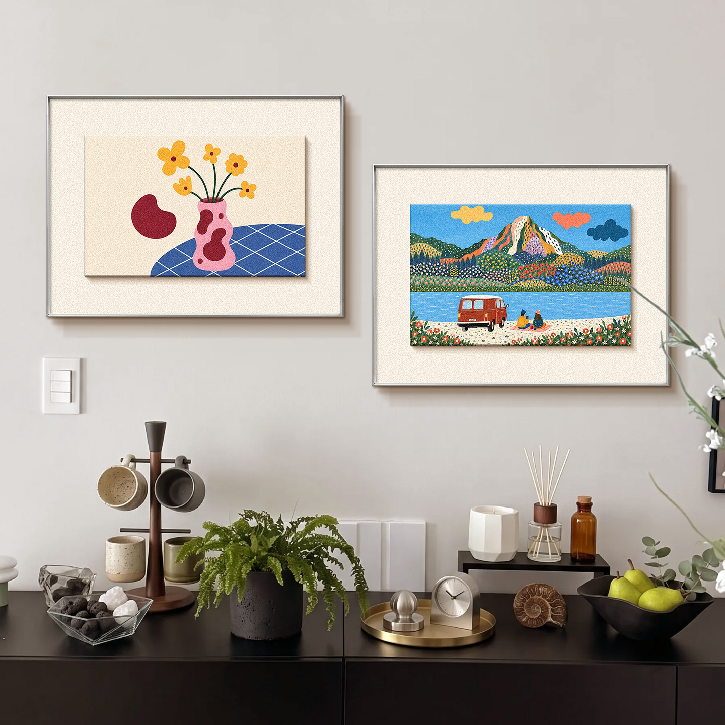 多巴胺双层砂岩餐厅挂画饭厅餐桌背景墙装饰画玄关组合高级感壁画