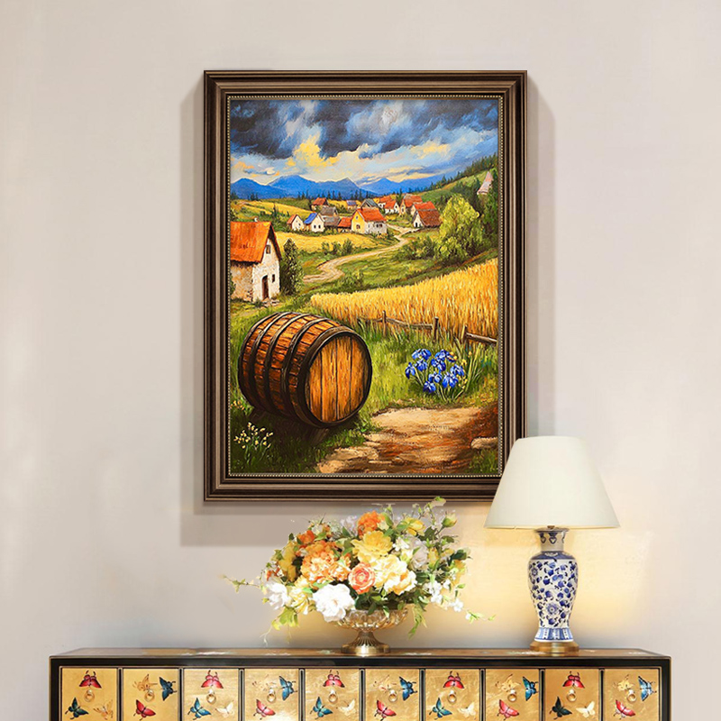 美式玄关装饰画丰收手绘油画客厅走廊过道挂画高级感复古餐厅壁画图片