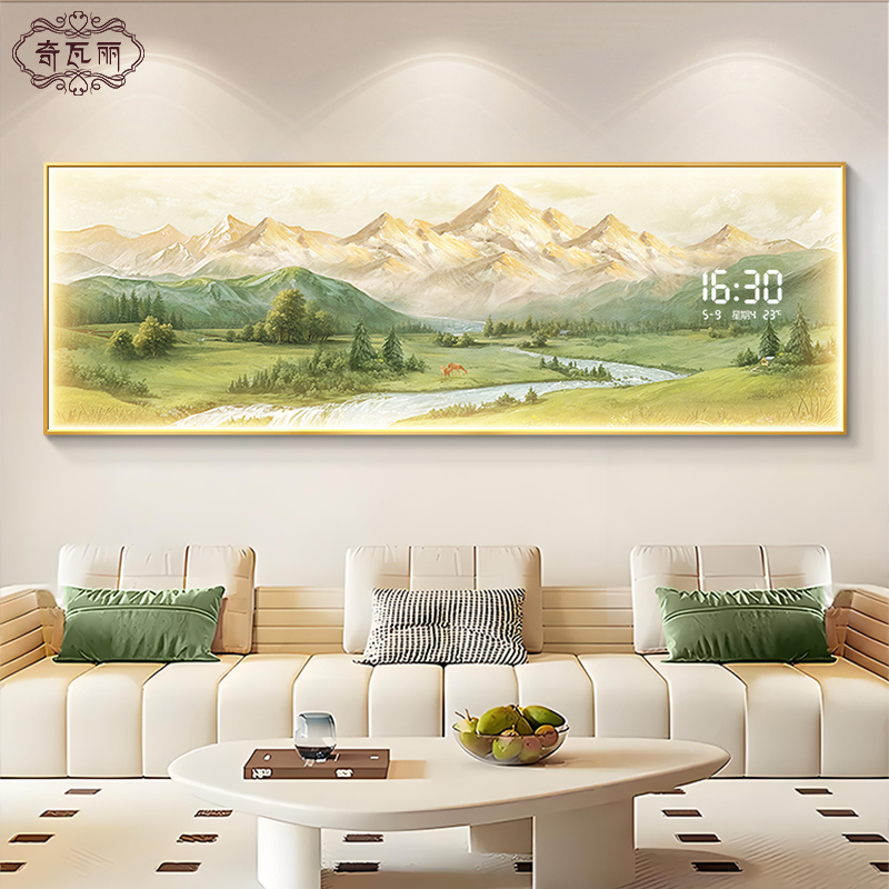 【热销爆款】山水客厅挂钟带灯画