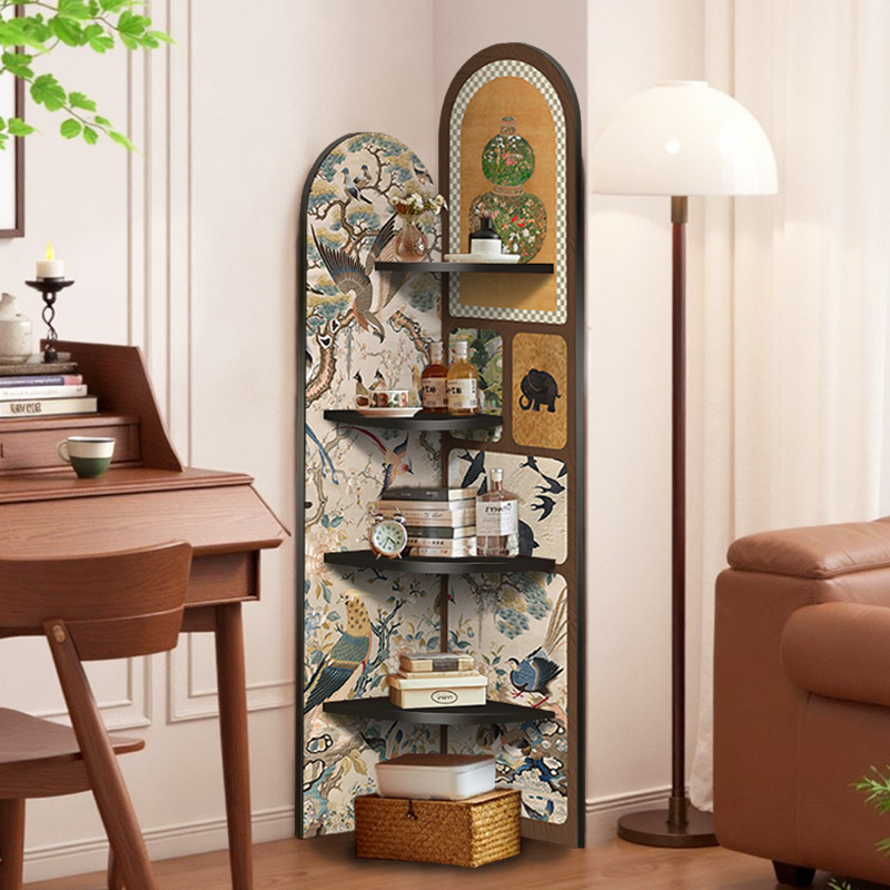 中古风转角书架客厅落地置物架拐角多层收纳柜高级感覆古三角书柜