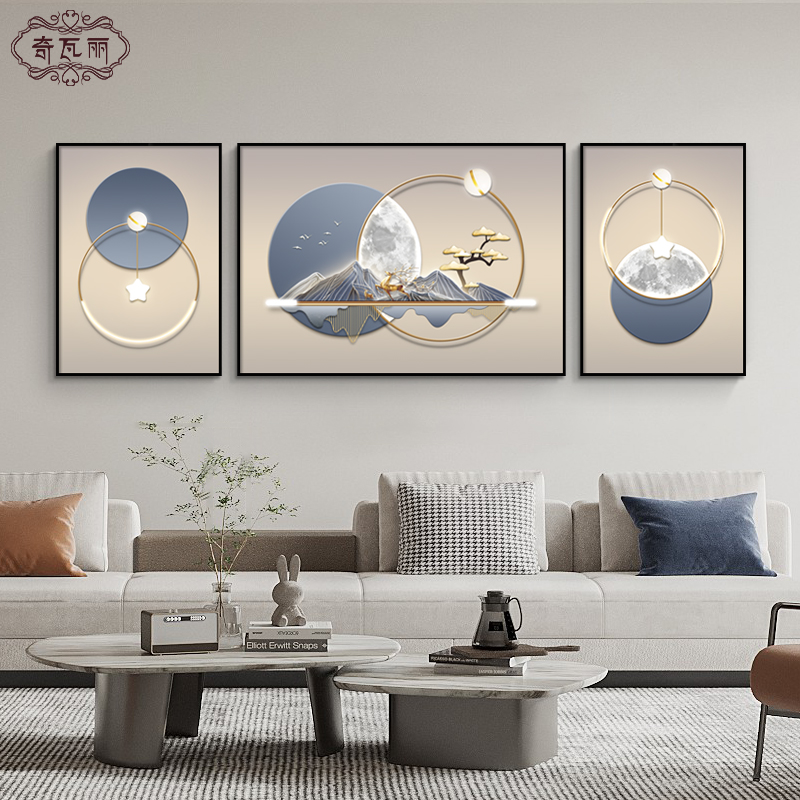 福禄圆满客厅装饰画现代简约沙发背景墙挂画山水画麋鹿三联画大气图片