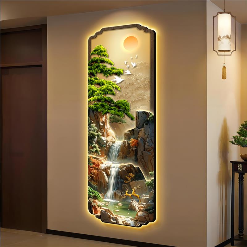 入户玄关装饰画轻奢高级感正对门九鱼图挂画迎客松山水客厅壁灯画图片