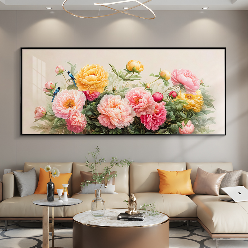 花开富贵客厅装饰画轻奢高级感沙发背景墙挂画牡丹花手绘油画壁画图片