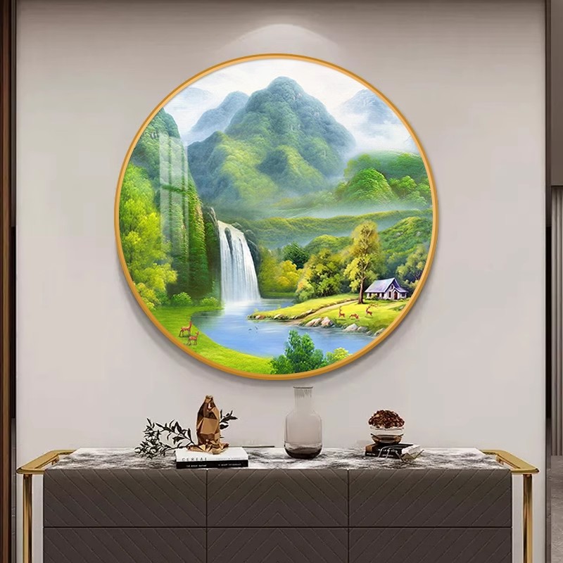 聚宝盆山水画新中式玄关装饰画餐厅走廊过道墙画风景圆形带灯油画图片