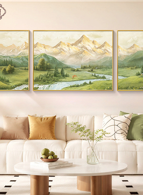 日照金山客厅装饰画2025新款西墙沙发背景墙挂画山水油画三联壁画