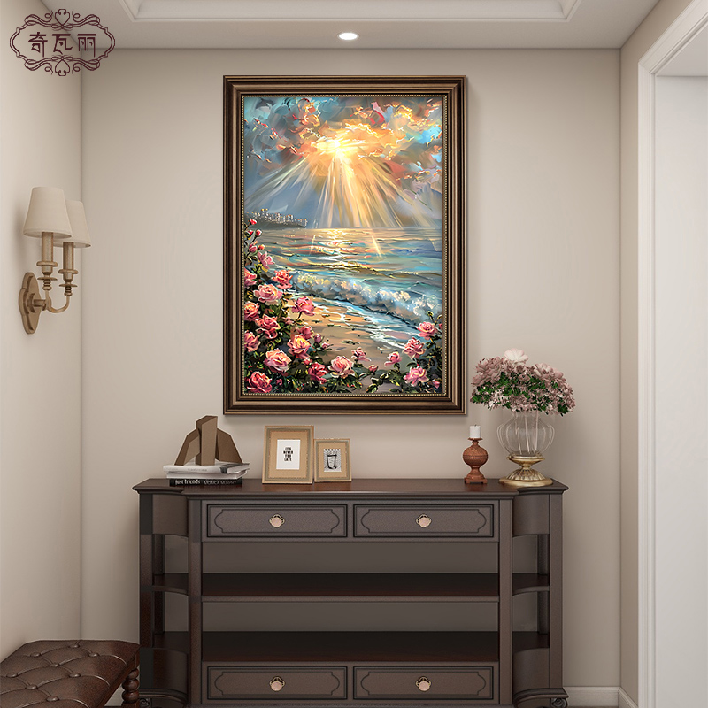 美式复古装饰画入户玄关走廊过道挂画客厅背景高级感壁画手绘油画图片