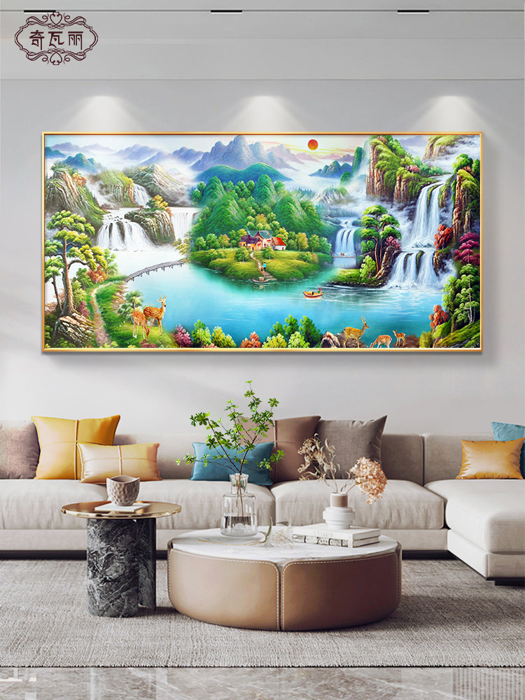 聚宝盆山水画客厅挂画轻奢高级感旭日东升沙发背景墙装饰壁画新款