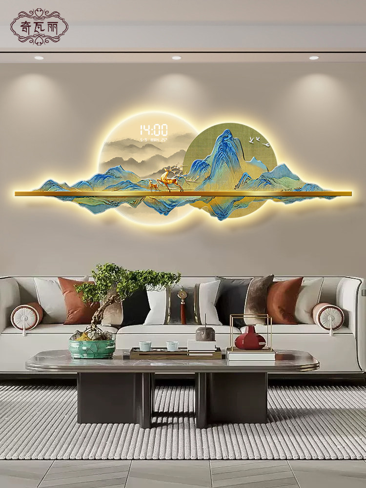 千里江山画客厅挂画数码挂钟新型中国风沙发背景墙装饰挂钟壁画