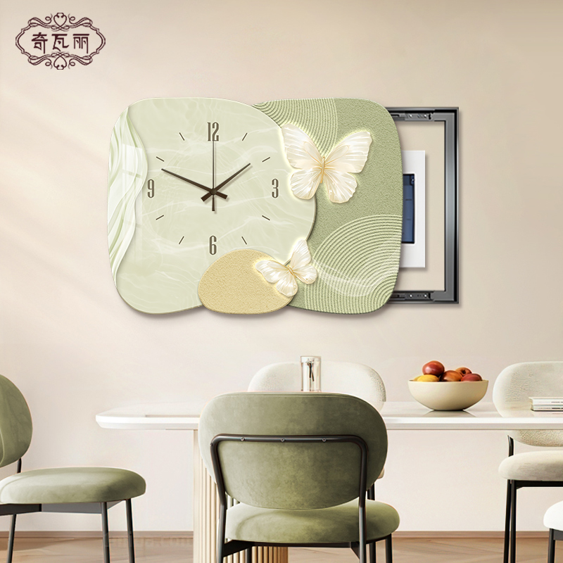 奶油风电表箱带钟表装饰画