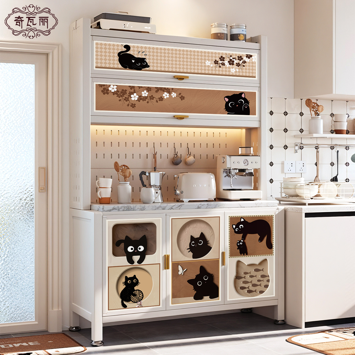 奶油风不锈钢餐边柜客厅靠墙一体储物柜子碳钢家用多层铁艺收纳柜