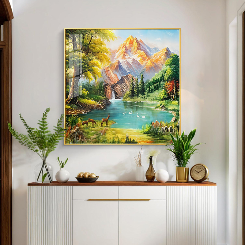 聚宝盆玄关装饰画2025新款山水风景手绘油画走廊过道挂画餐厅壁画图片