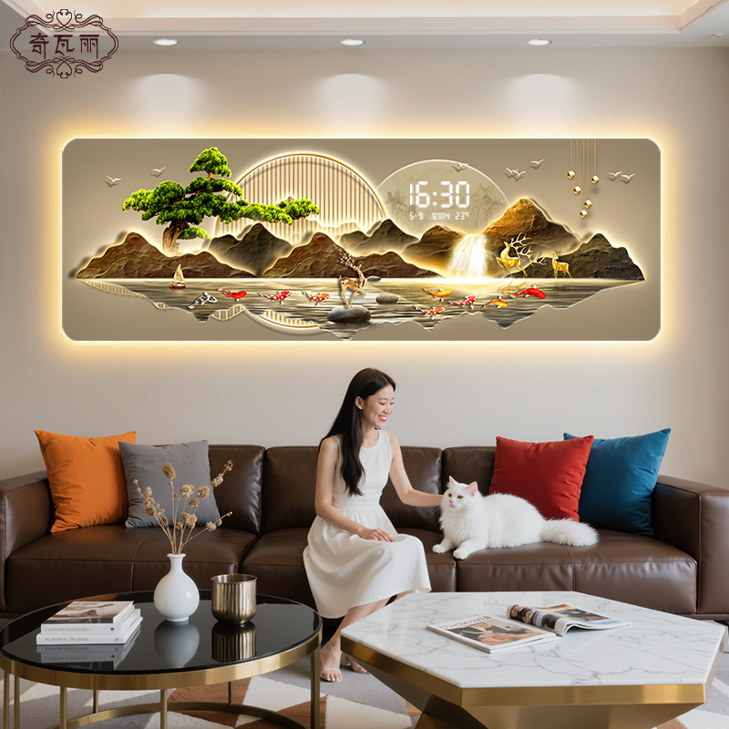日照金山客厅装饰画轻奢高级感带钟表沙发背景墙挂画创意时钟壁灯图片