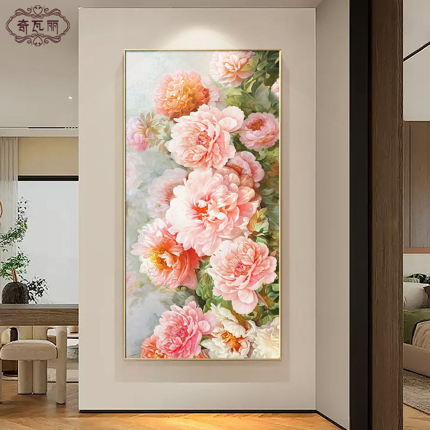 牡丹花手绘油画入户玄关装饰画正对门挂画花开富贵走廊过道挂画图片