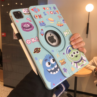 360度旋转diy小怪兽适用于iPad9 7保护套9.7寸10.2笔槽Pro11寸A1822苹果air543皮套A2270迷你6第10代卡通壳