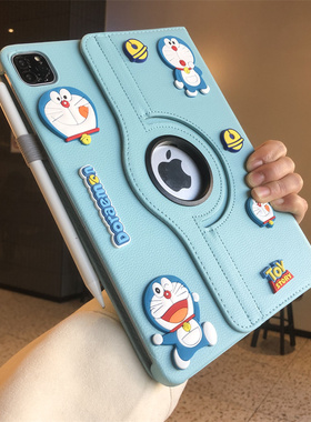 diy蓝胖子公仔360度旋转iPad9/8/7保护套10.2寸9.7适用a2197苹果air54平板壳Pro11卡通A1566防摔第十代10.9寸