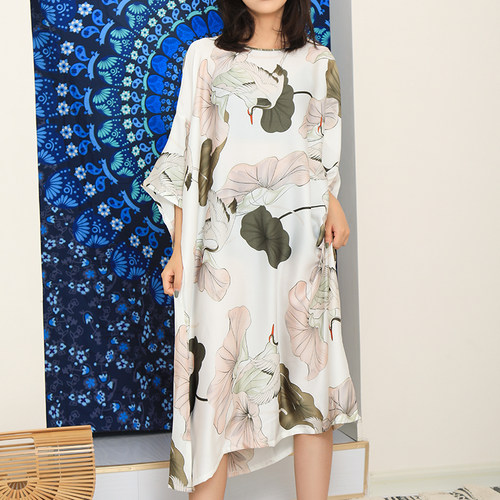 清货~外单仿真丝宽松印花睡裙 外贸亚马逊ebay大码家居服睡衣