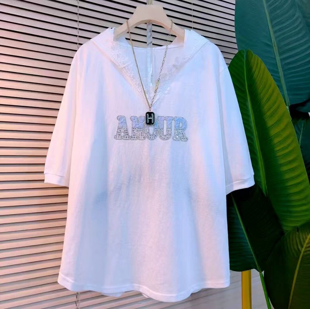 2026春季新款女装白色短袖T恤女宽松休闲百搭上衣蕾丝连帽打底衫