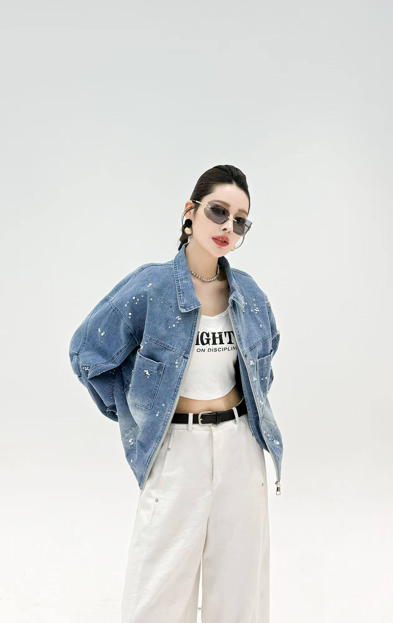 2026春秋款牛仔外套女大码胖mm休闲百搭翻领短款夹克上衣外套女潮