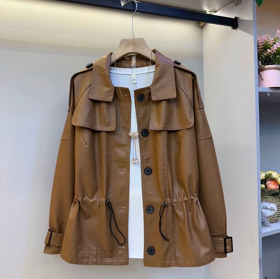 胖mm翻领抽绳收腰长袖皮衣外套女2026春秋款设计感高档大码皮衣pu