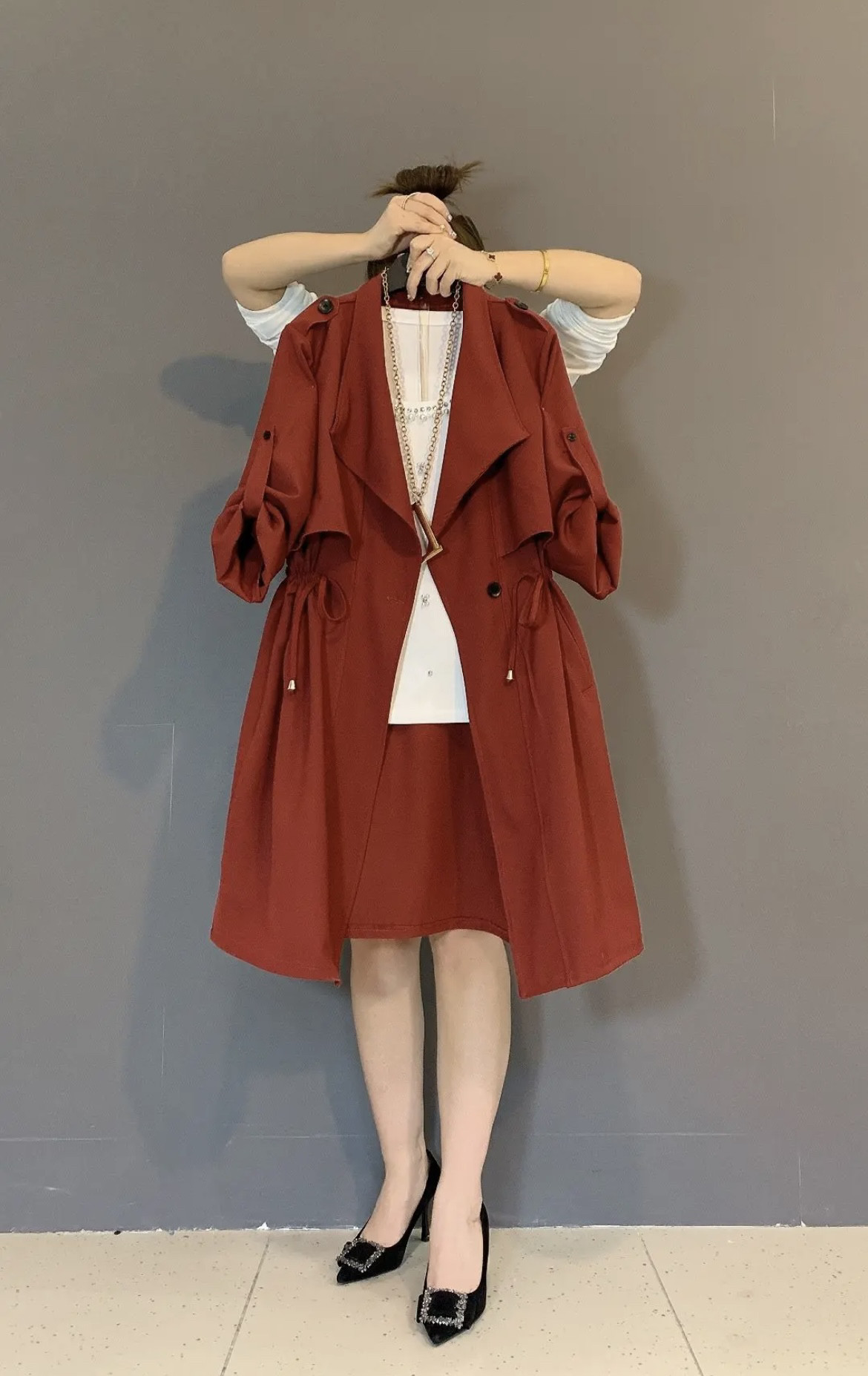 英伦风中长款气质收腰风衣女2024年春装时尚抽绳小个子上衣薄外套