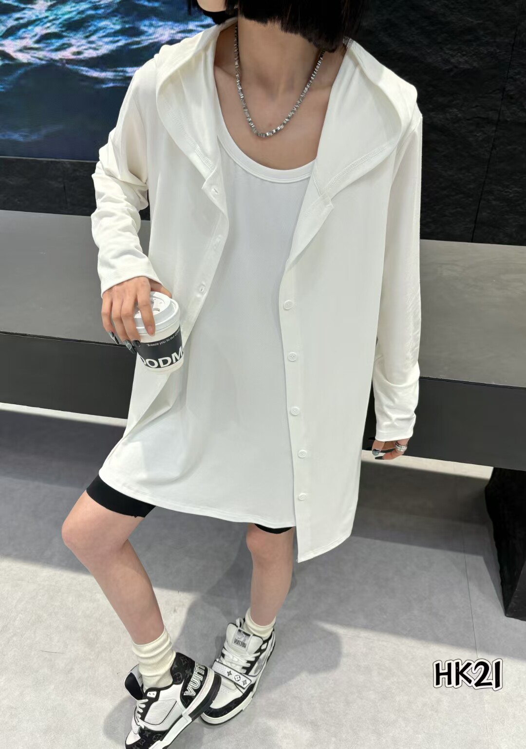 2025春夏简约百搭穿搭中长款开衫连帽外套女休闲风白色连帽外套潮