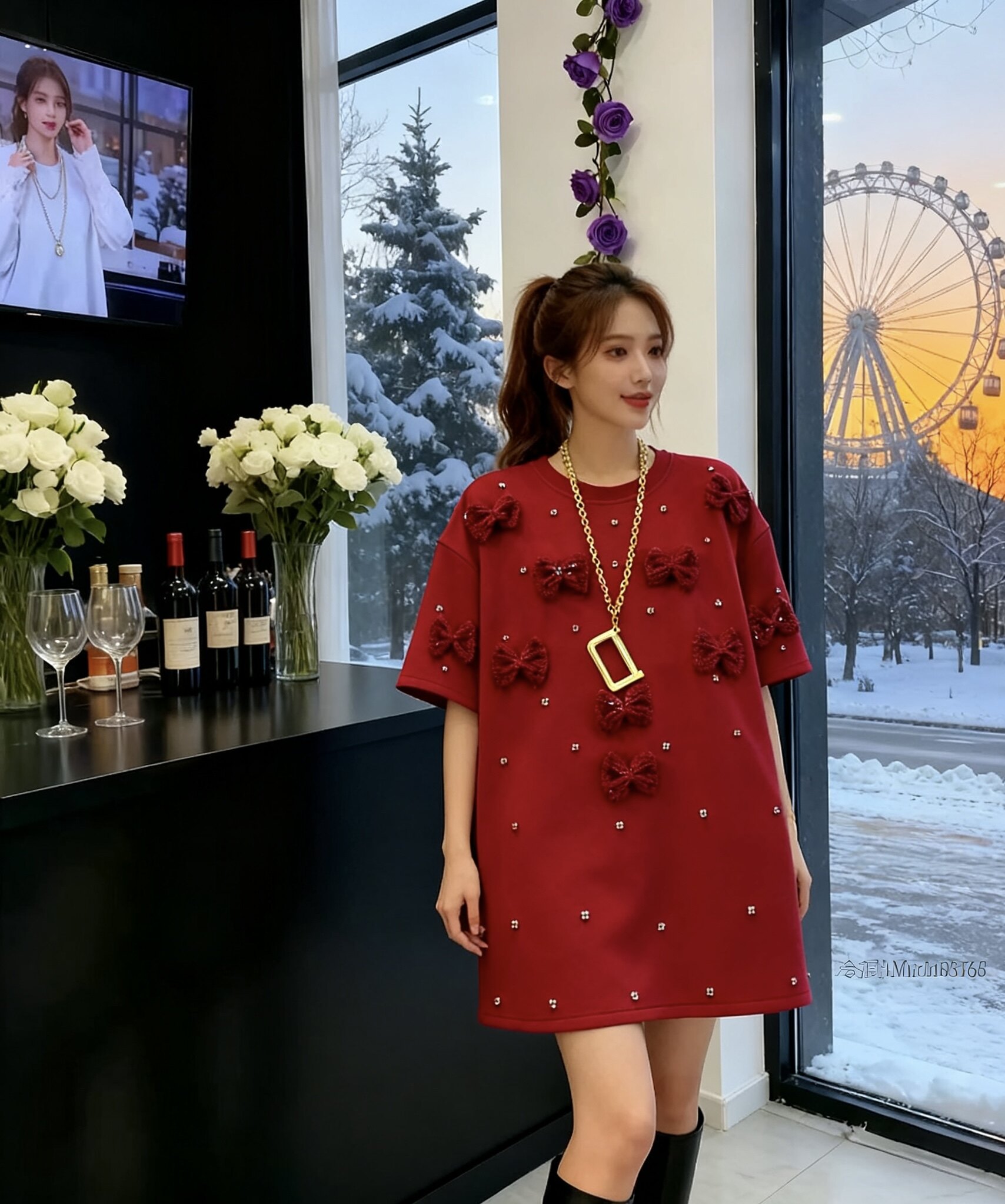 毛线蝴蝶结短袖T恤女中长款宽松韩版遮肉下衣失踪遮臀大码打底t裙