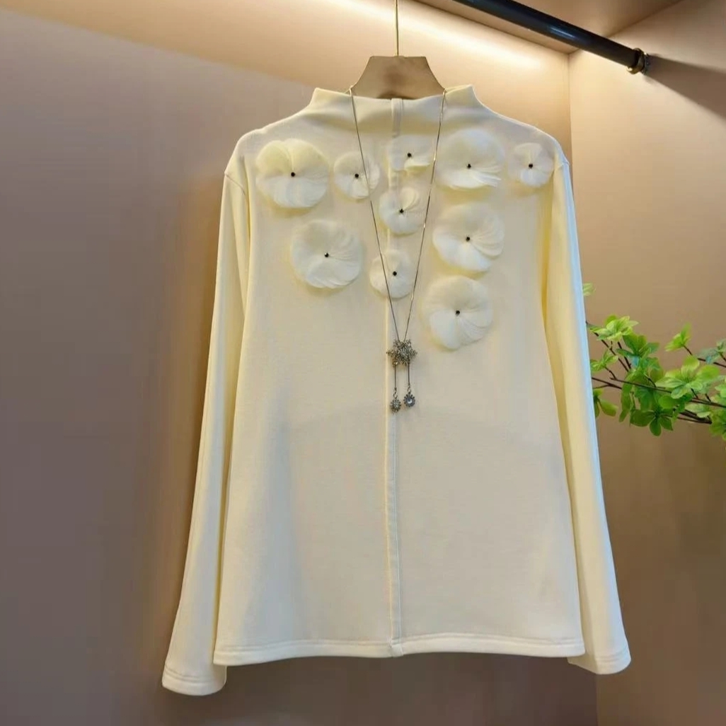 秋冬新款半高领设计感立体花朵长袖衬衫女白色百搭显瘦上衣打底衫