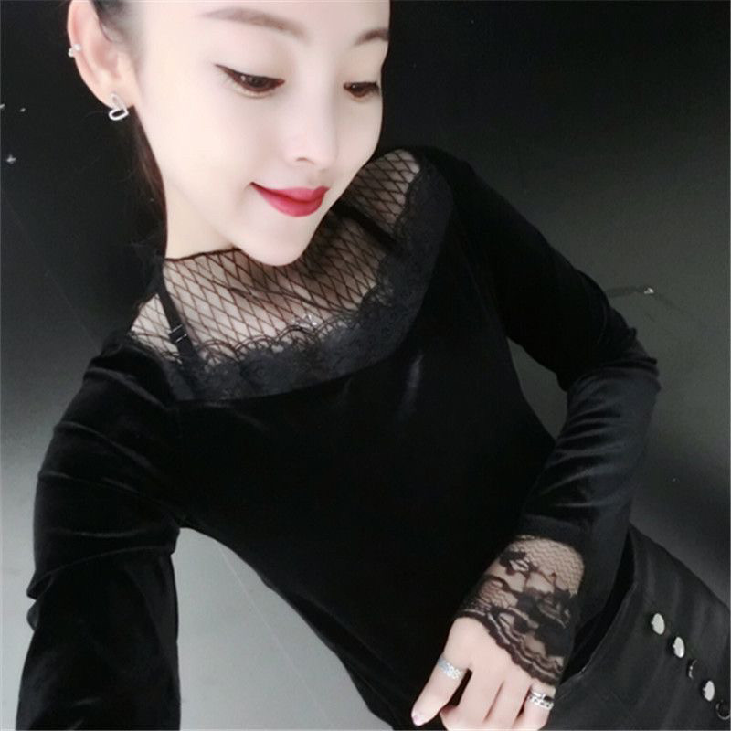 2024秋冬新款V领蕾丝花边金丝绒长袖上衣女显瘦丝绒打底衫T恤潮女