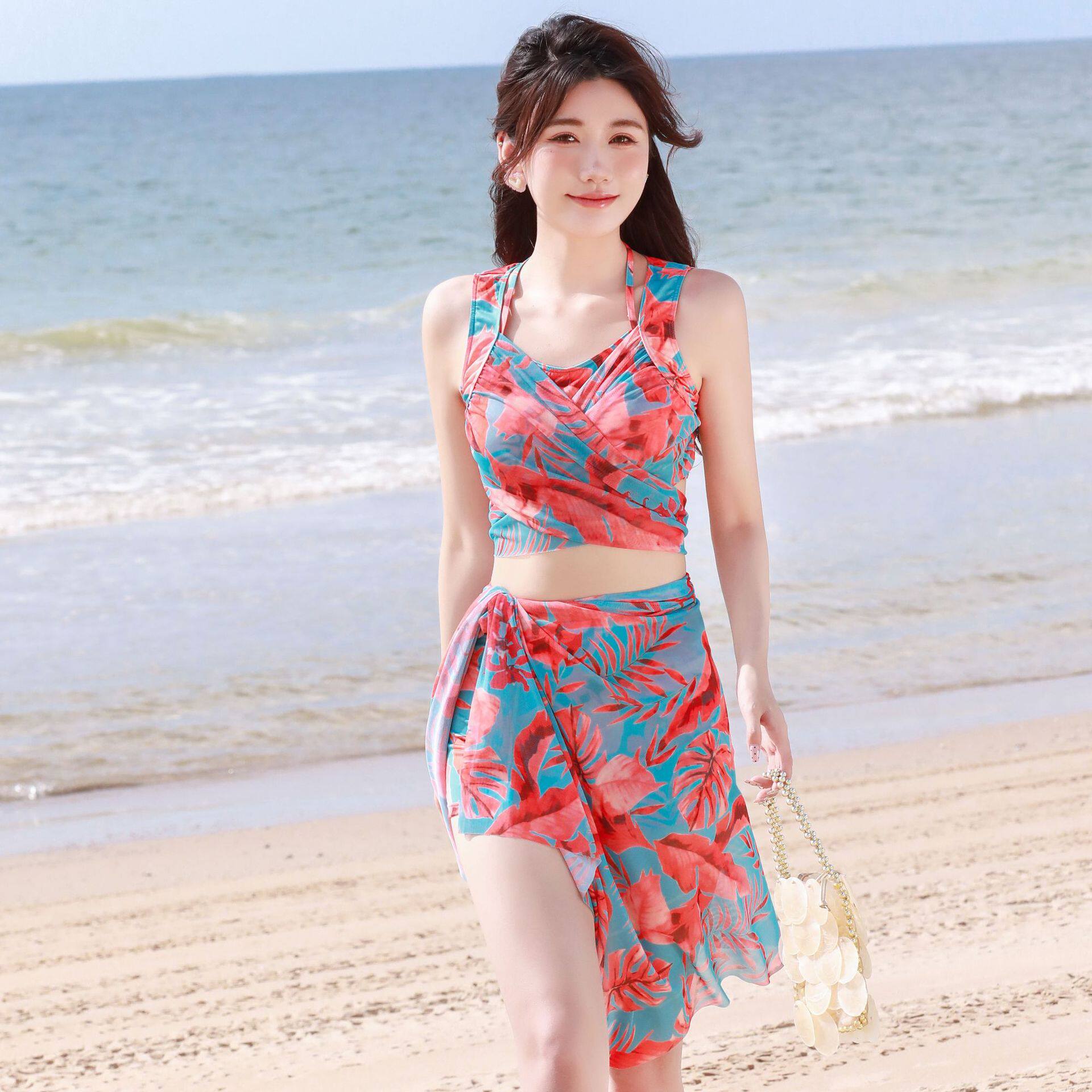 性感裙式分体泳衣女士三件套显白温泉沙滩海岛保守显瘦度假泳装