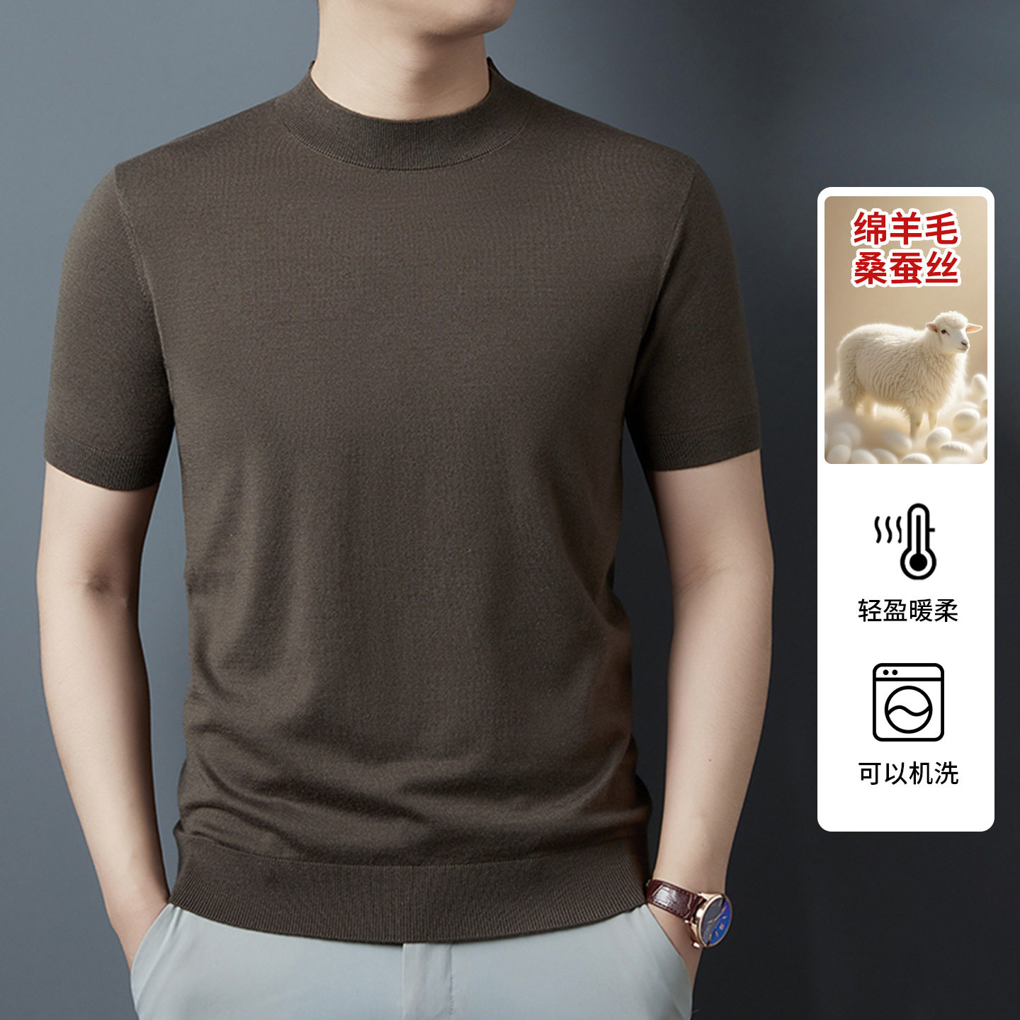 夏季新款男式短袖打底衫男士商务休闲透气t恤薄款羊毛针织T恤衫