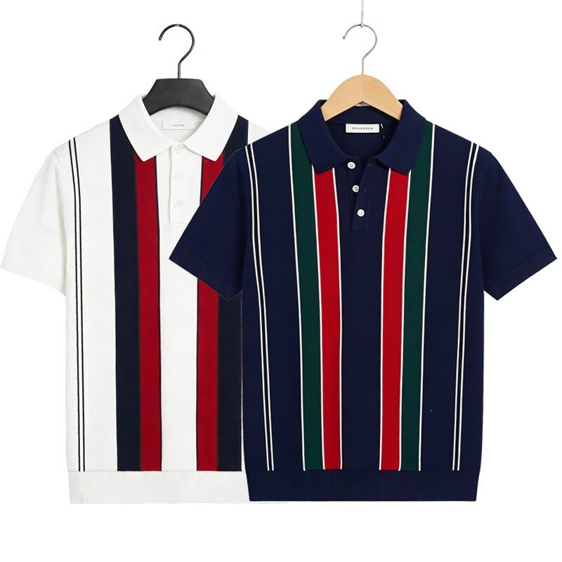 2026英伦休闲轻熟撞色条纹衫男士夏季修身翻领短袖薄款针织衫恤