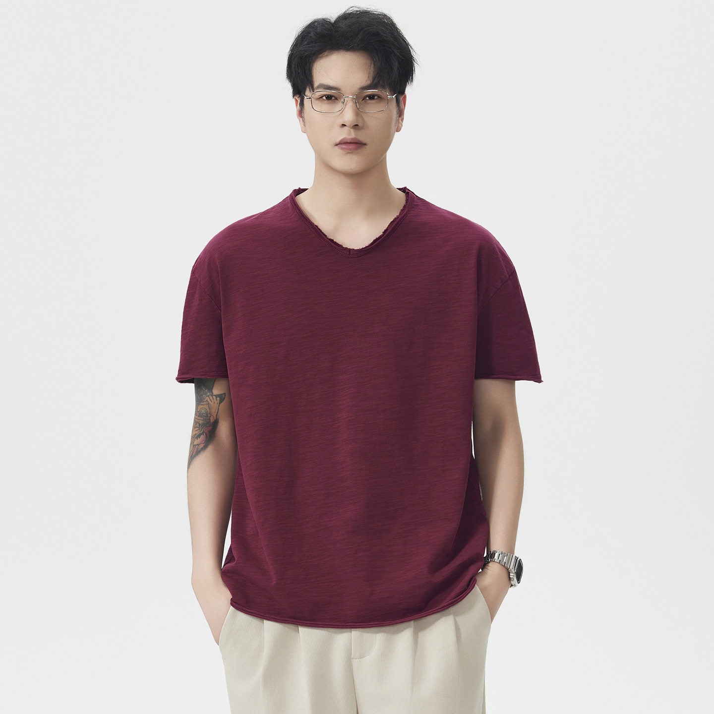 安洋V领t恤男士短袖2026夏季新款纯色简约纯棉透气上衣服百搭体恤