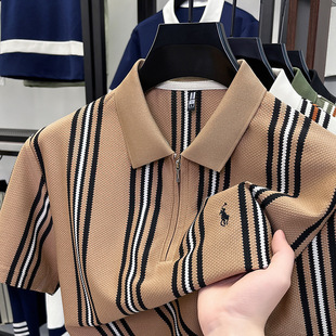 薄款 夏季 拉链竖条纹短袖 T恤时尚 2026新款 翻领休闲透气polo衫 男士