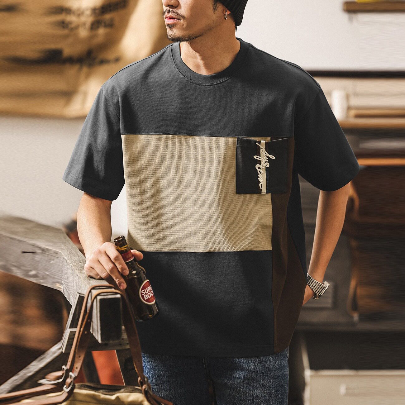 美式复古300g重磅t恤男士短袖2026新款夏季潮流撞色拼接宽松上衣