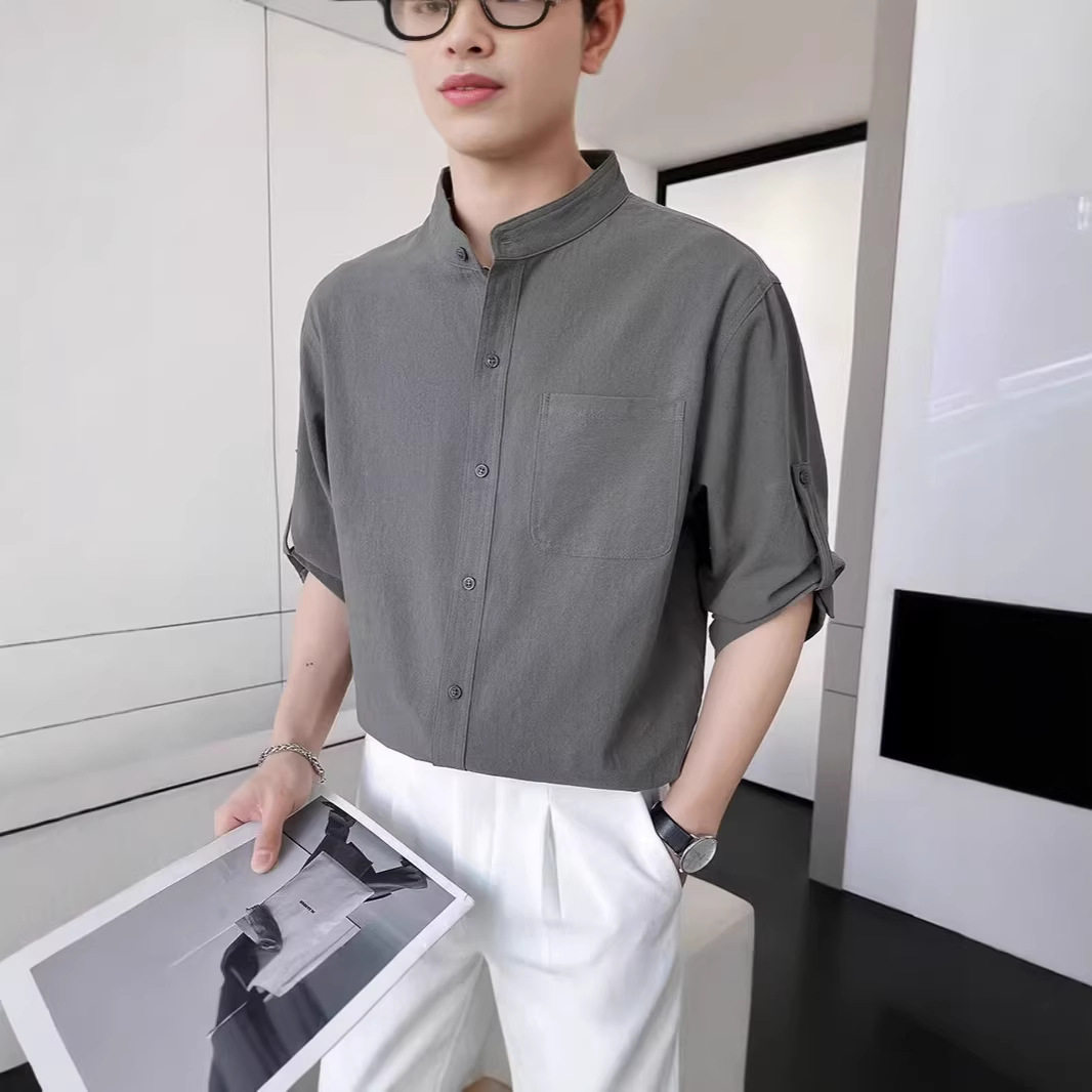 亚麻七分短袖衬衫男士夏季高级感棉麻透气痞帅轻熟中国风立领衬衣
