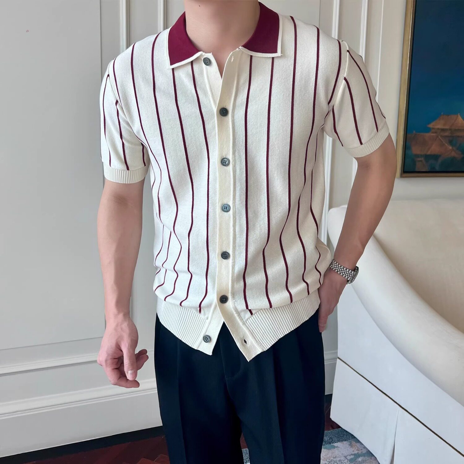 休闲条纹针织衫男夏季商务翻领修身上衣绅士薄款针织条纹短袖开衫