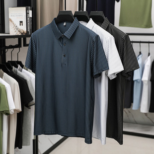 领短袖 高级感商务休闲中年男装 polo衫 夏季 t恤 男士 无痕竖条纹衬衫