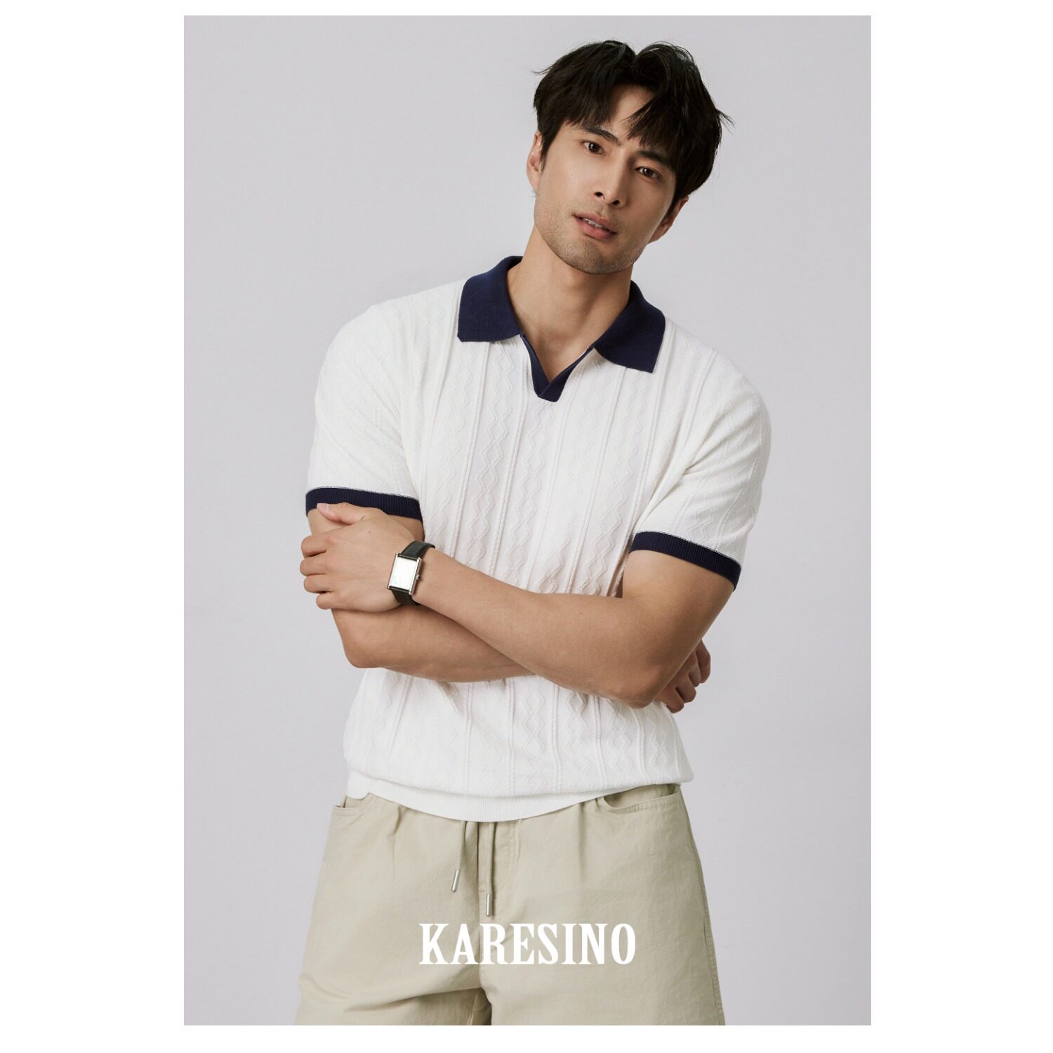 2026新款针织冰丝polo衫男夏季薄款高级感菱形格子拼色修身翻领T