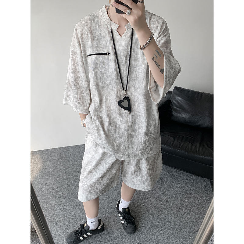 扎染V领短袖T恤男生休闲套装夏季冰丝短裤重磅美式宽松大码两件套